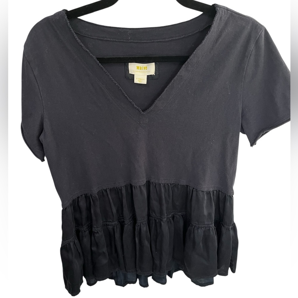 Anthropologie Maeve Louisa tiered Navy V neck cotton babydoll ruffle top size XS